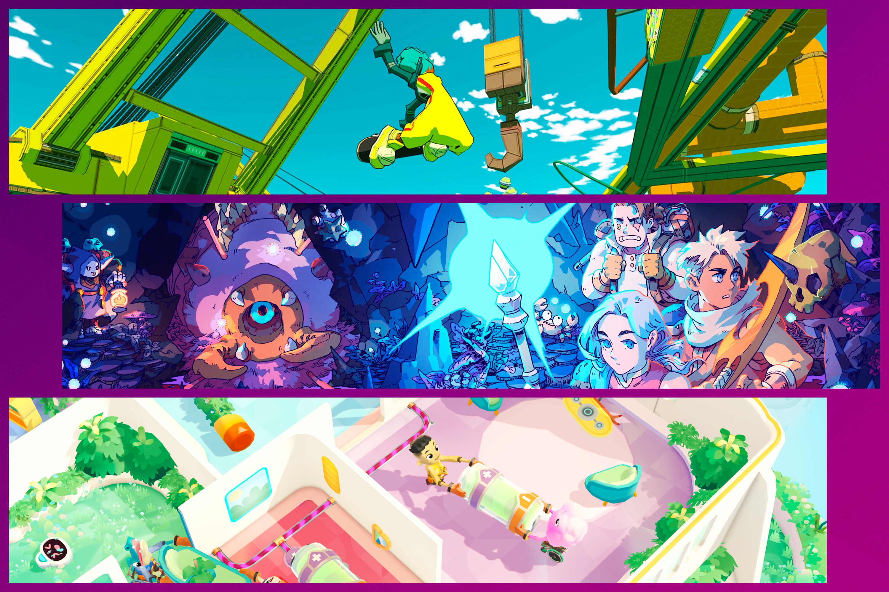 A graphic compiling images from three games stacked on top of each other. The games are Bomb Rush Cyberfunk, a skating action game, Sea of Stars, a turn-based RPG, and Moving Out 2, a co-op multiplayer game.