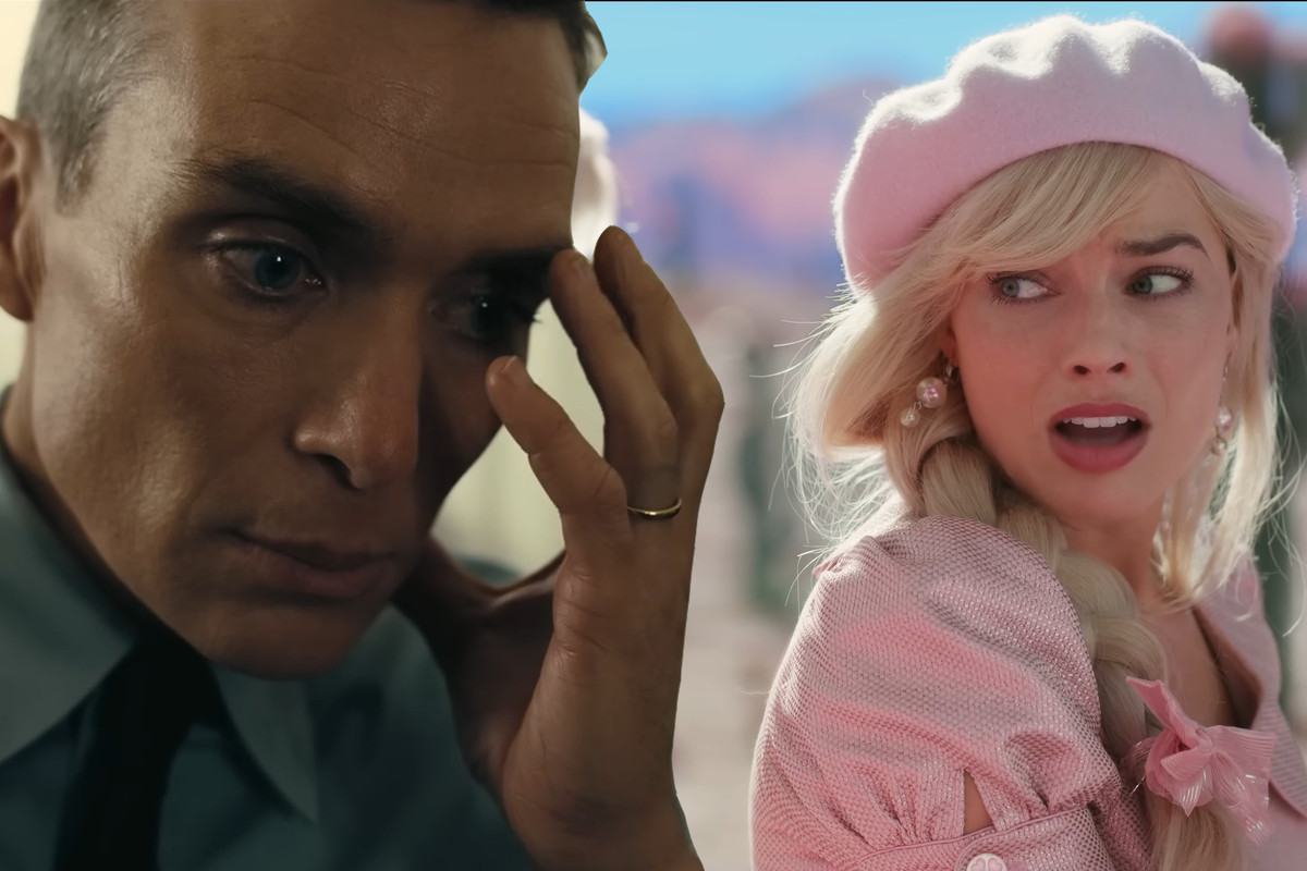 Cillian Murphy as J. Robert Oppenheimer looking distressed on the left, and Margot Robbie as Barbie looking shocked on the right.