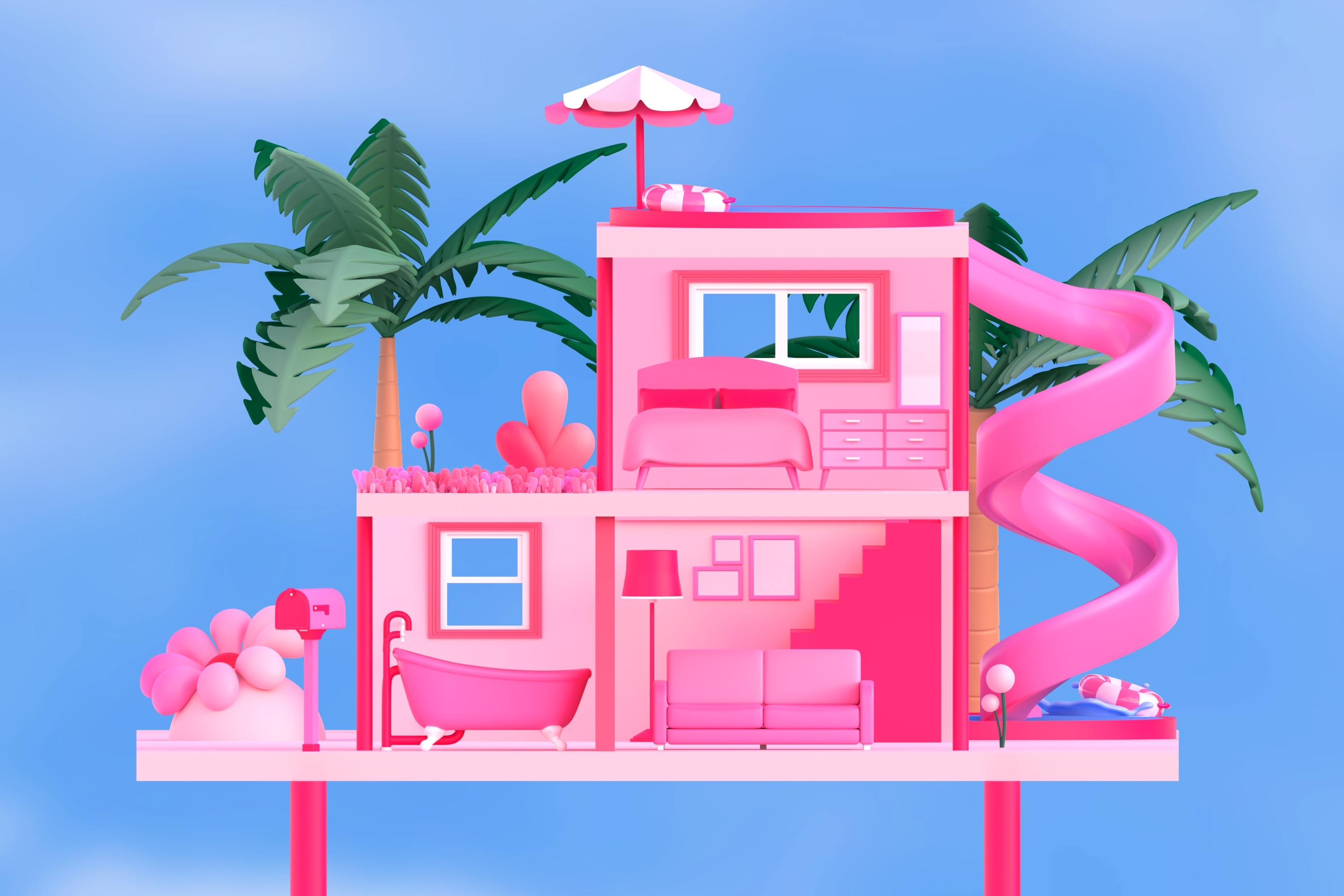 An illustration shows a simulated version of Barbie’s Dream House