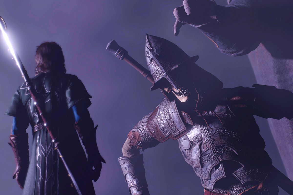 Gale the Wizard looks up at a giant zombie clad in armor in Baldur’s Gate 3