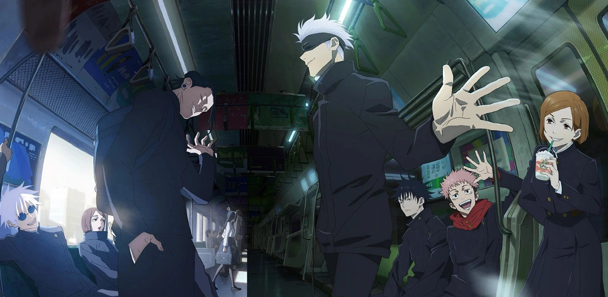 Promotional art for Jujutsu Kaisen season 2, featuring a fish-eyed lens shot of the series’ cast standing in a subway train.