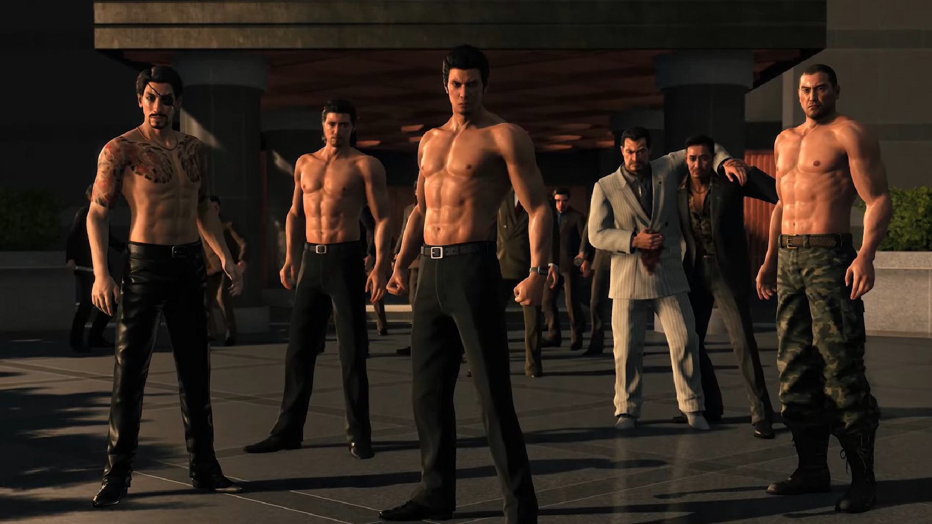 Kazuma Kiryu, Goro Majima, and other men from the Yakuza series stand shirtless in a still from Like A Dragon Gaiden: The Man Who Erased His Name