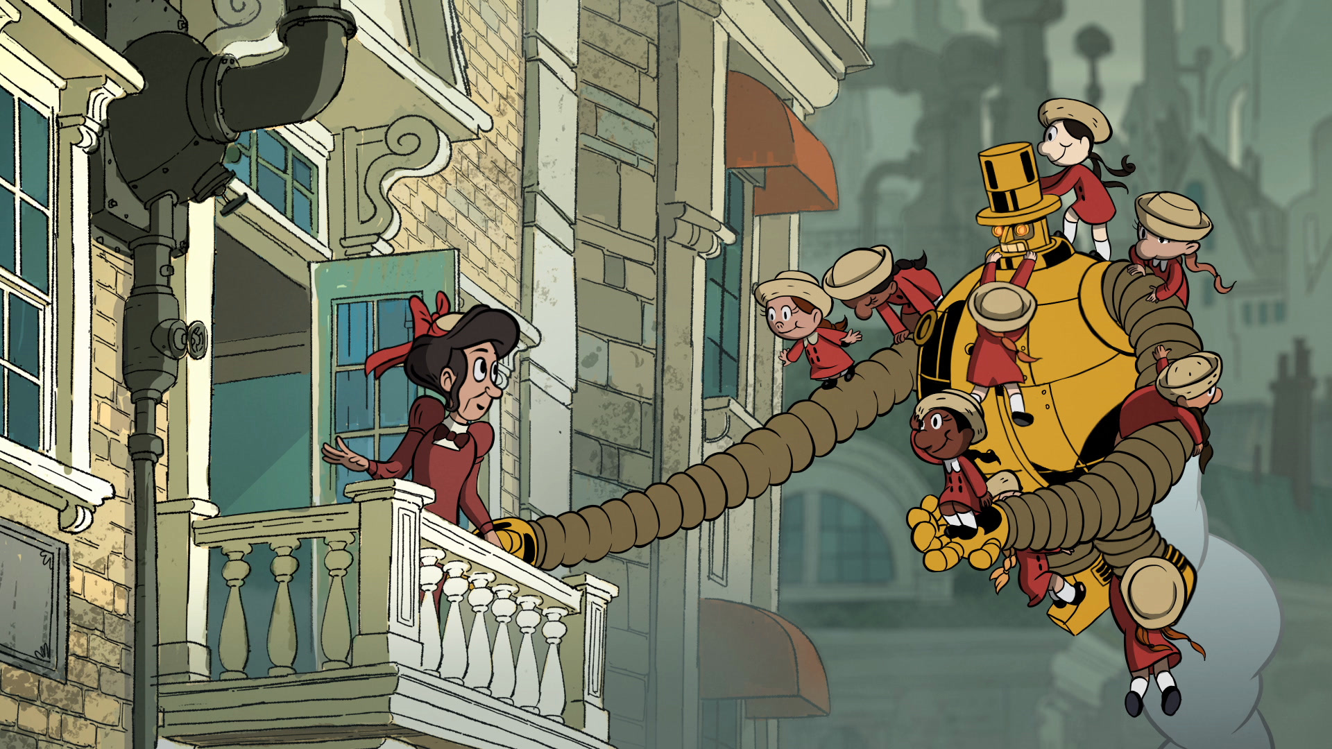 A group of schoolchildren are safely escorted back to their teacher by Copernicus, a bronze steampunk robot in a top hat with long extendable arms in Unicorn: Warriors Eternal.