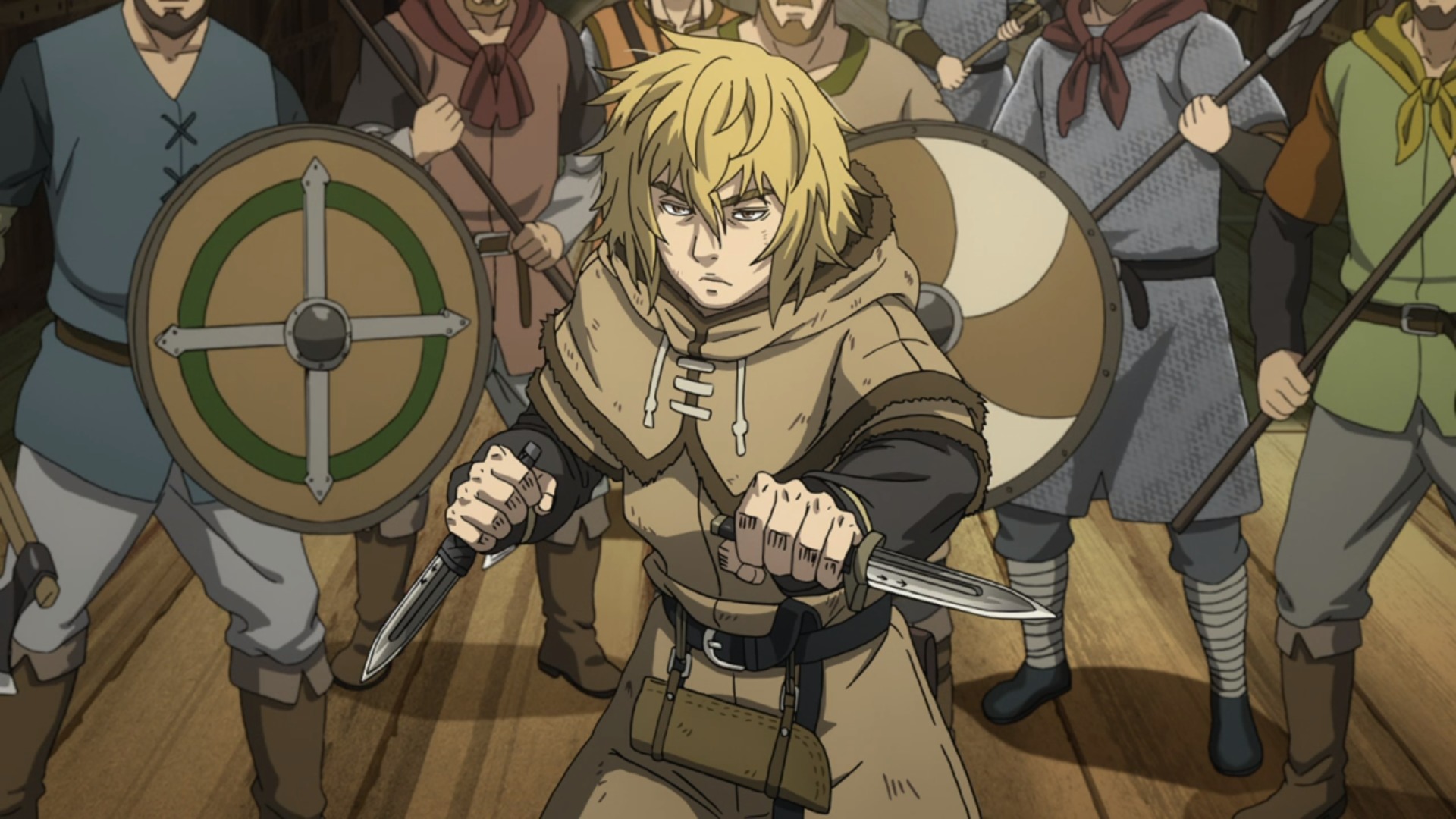 A still from the Vinland Saga anime with Thorfinn holding short swords on a boat